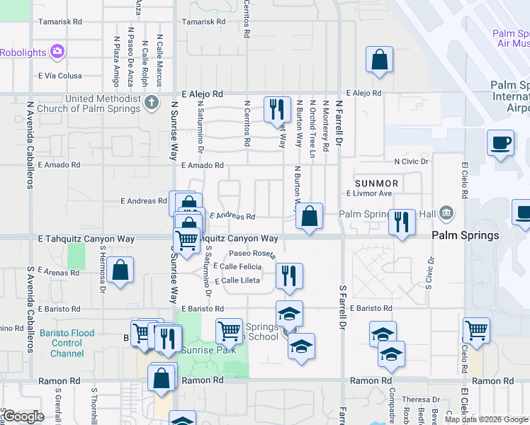map of restaurants, bars, coffee shops, grocery stores, and more near 207 North Debby Drive in Palm Springs