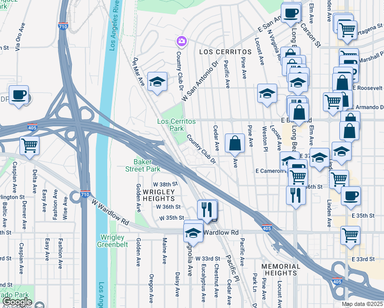 map of restaurants, bars, coffee shops, grocery stores, and more near 3719 North Country Club Drive in Long Beach