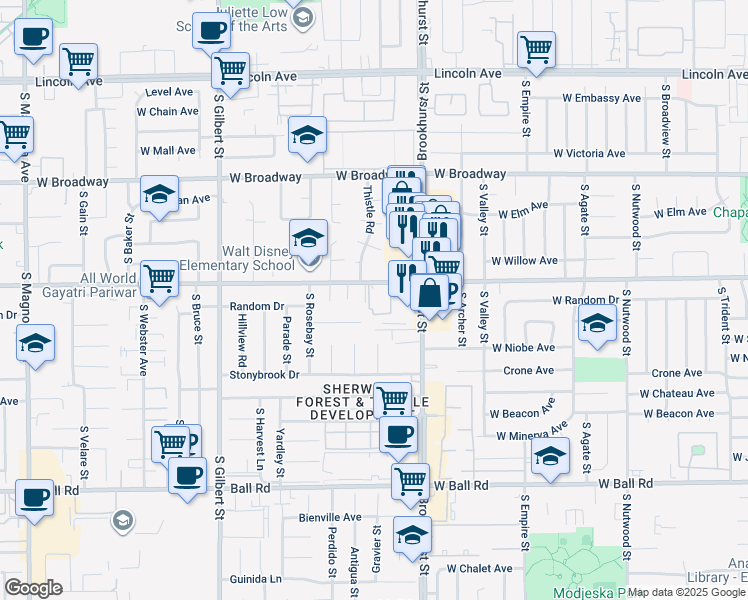 map of restaurants, bars, coffee shops, grocery stores, and more near 605 South Marbeya Place in Anaheim