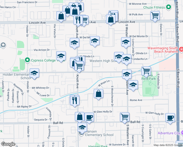 map of restaurants, bars, coffee shops, grocery stores, and more near 3400 West Orange Avenue in Anaheim