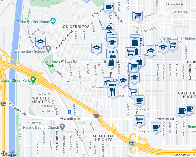 map of restaurants, bars, coffee shops, grocery stores, and more near 3702 Weston Place in Long Beach