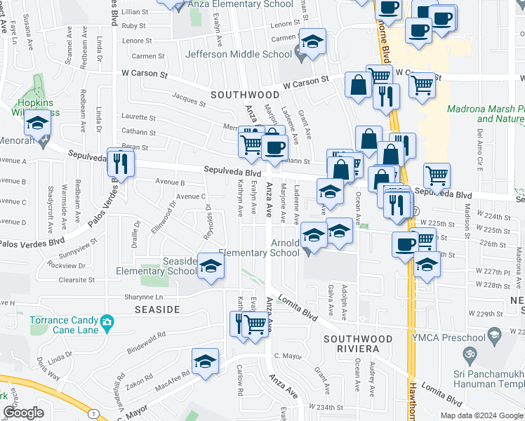 map of restaurants, bars, coffee shops, grocery stores, and more near 22503 Anza Avenue in Torrance