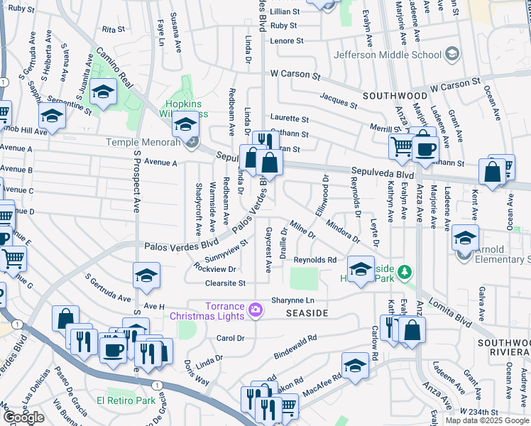 map of restaurants, bars, coffee shops, grocery stores, and more near 5209 Milne Drive in Torrance
