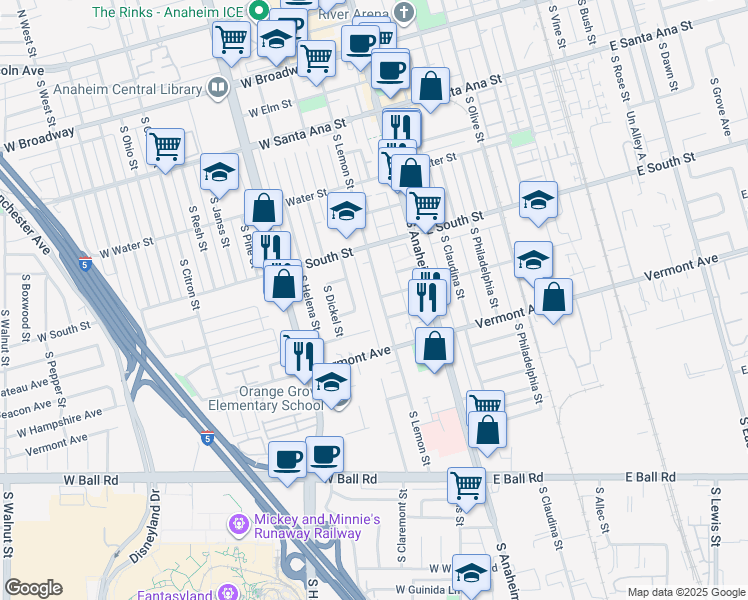 map of restaurants, bars, coffee shops, grocery stores, and more near 853 South Lemon Street in Anaheim