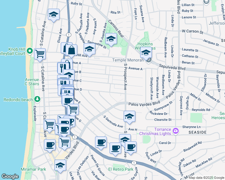 map of restaurants, bars, coffee shops, grocery stores, and more near 703 Avenue D in Redondo Beach
