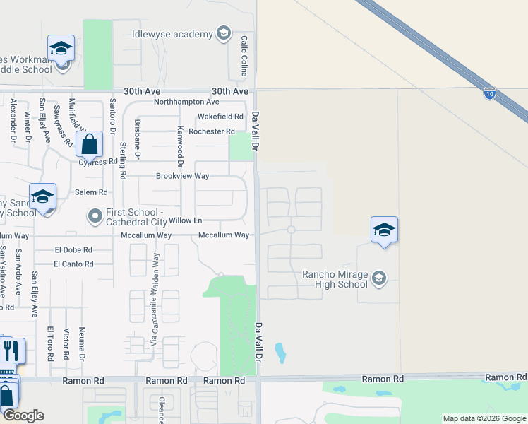 map of restaurants, bars, coffee shops, grocery stores, and more near 47 Via Del Rossi in Rancho Mirage