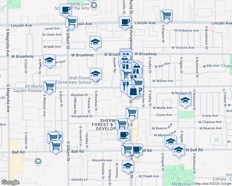 map of restaurants, bars, coffee shops, grocery stores, and more near 605 South Marbeya Place in Anaheim