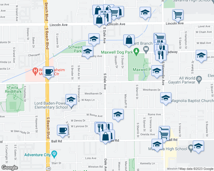 map of restaurants, bars, coffee shops, grocery stores, and more near 609 South Vicki Lane in Anaheim