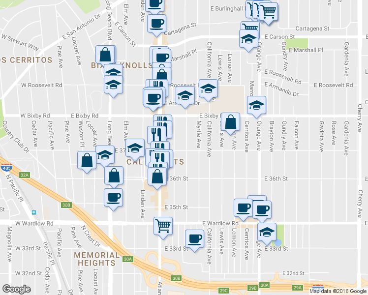 map of restaurants, bars, coffee shops, grocery stores, and more near 3720 Lime Avenue in Long Beach