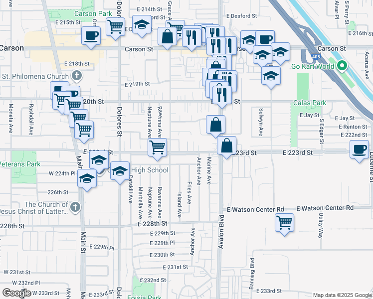 map of restaurants, bars, coffee shops, grocery stores, and more near 22206 Judith Place in Carson