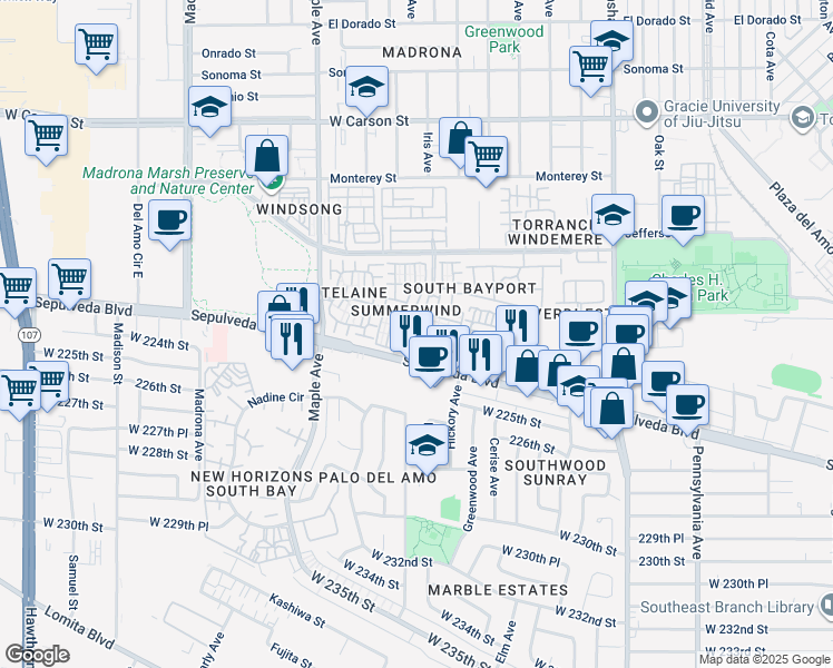 map of restaurants, bars, coffee shops, grocery stores, and more near in Torrance