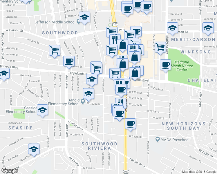 map of restaurants, bars, coffee shops, grocery stores, and more near 3840 Sepulveda Boulevard in Torrance
