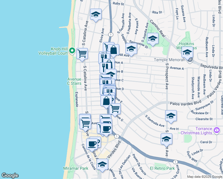 map of restaurants, bars, coffee shops, grocery stores, and more near 301 Avenue D in Redondo Beach