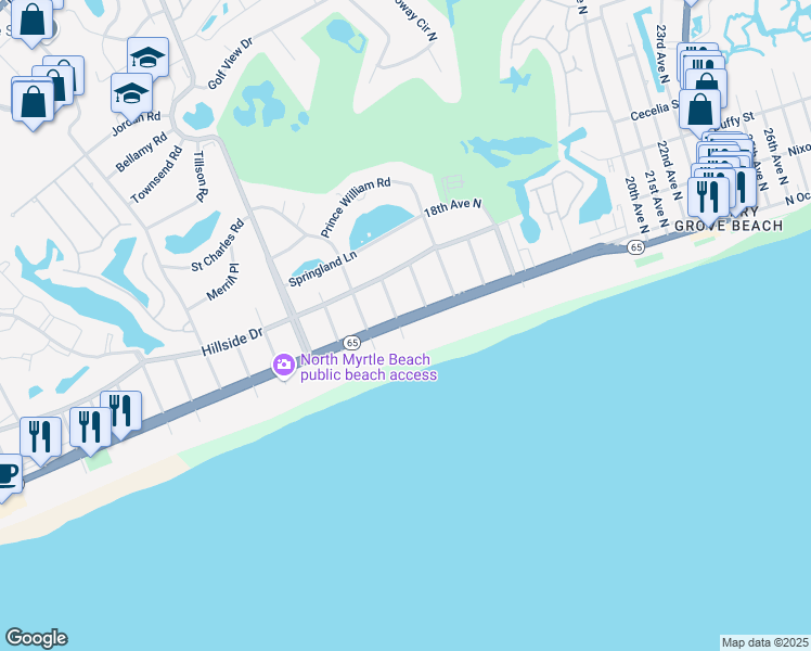 map of restaurants, bars, coffee shops, grocery stores, and more near 201 15th Avenue North in North Myrtle Beach