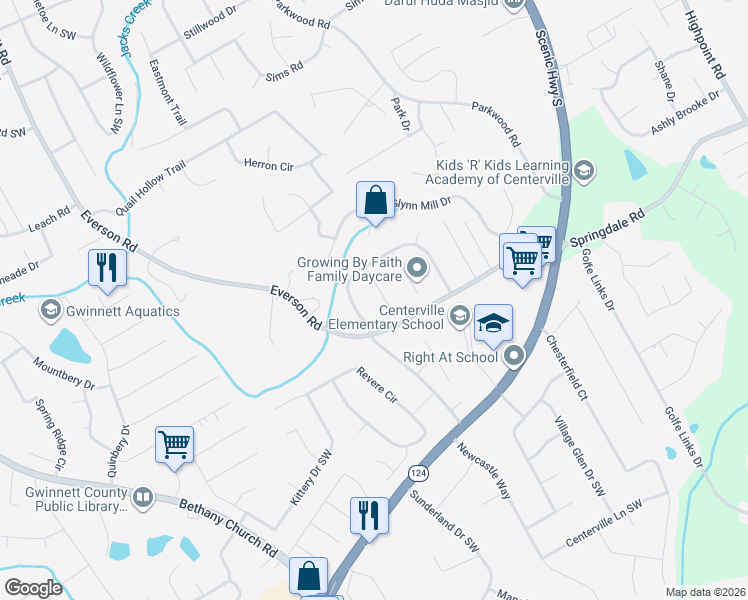 map of restaurants, bars, coffee shops, grocery stores, and more near 2939 Trotters Crest Drive in Snellville