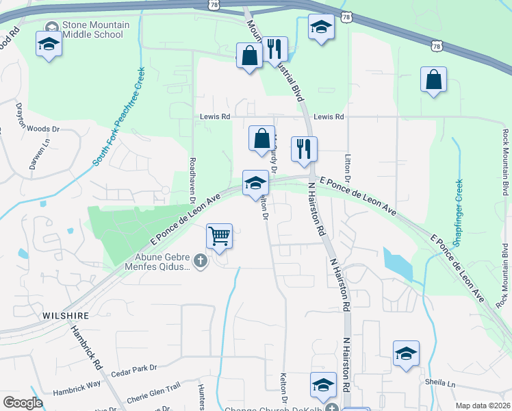 map of restaurants, bars, coffee shops, grocery stores, and more near 1492 Kelton Drive in Stone Mountain