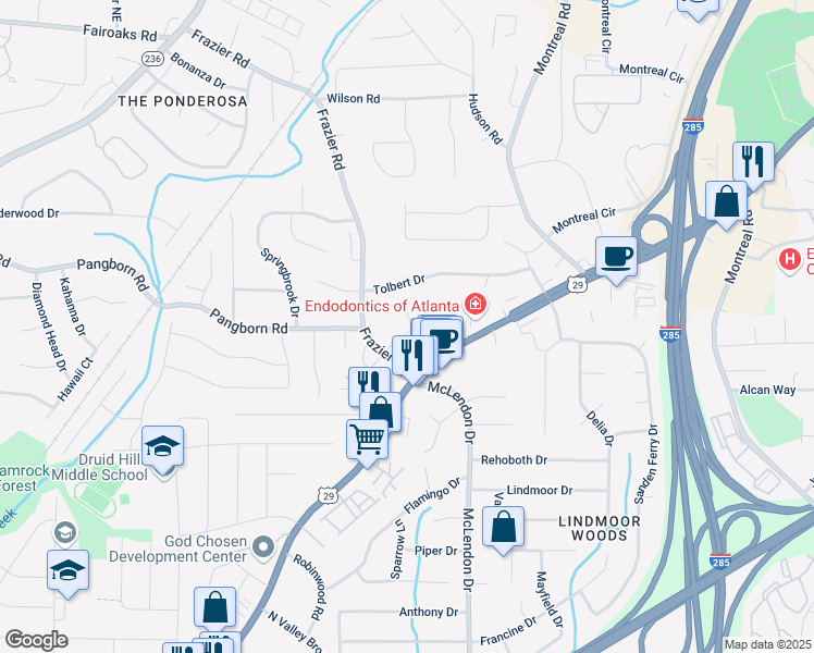 map of restaurants, bars, coffee shops, grocery stores, and more near 3086 Frazier Walk in Decatur