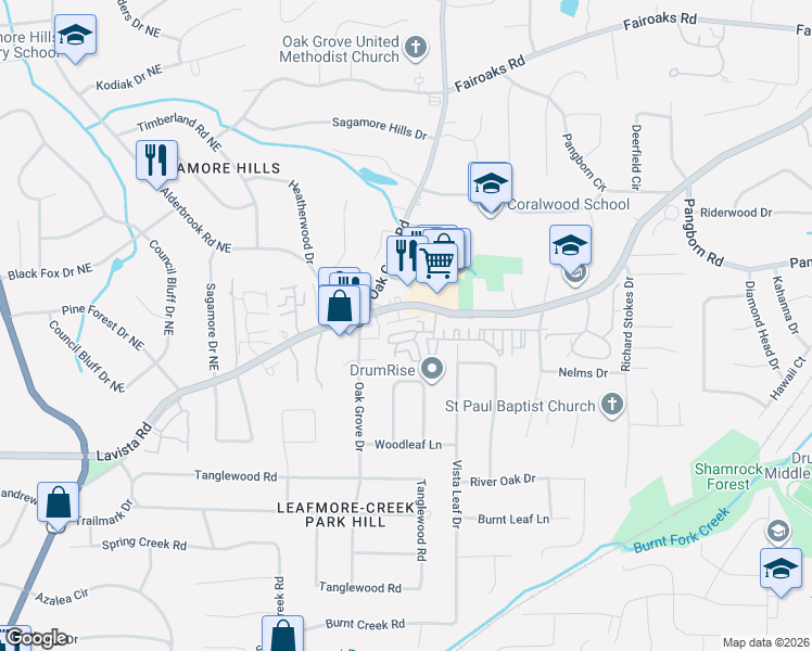 map of restaurants, bars, coffee shops, grocery stores, and more near 2470 Oak Grove Vista in Decatur