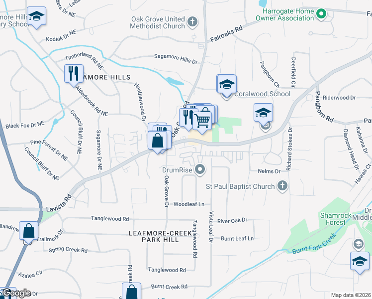 map of restaurants, bars, coffee shops, grocery stores, and more near 2459 Oak Grove Vista in Decatur