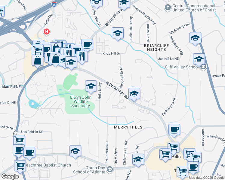 map of restaurants, bars, coffee shops, grocery stores, and more near 1661 Emory Place Drive Northeast in Atlanta