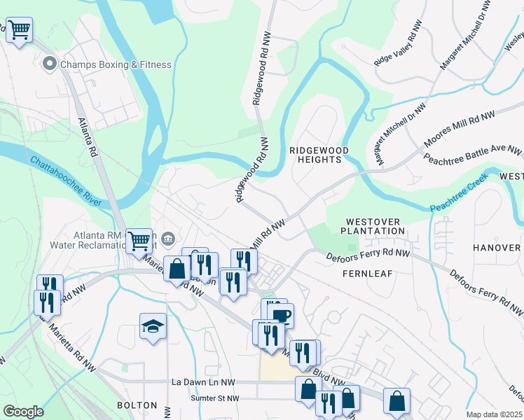 map of restaurants, bars, coffee shops, grocery stores, and more near 2515 Ridgewood Road Northwest in Atlanta