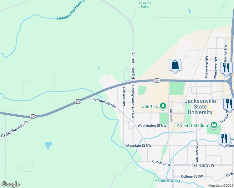map of restaurants, bars, coffee shops, grocery stores, and more near 504 Oak Avenue Northwest in Jacksonville