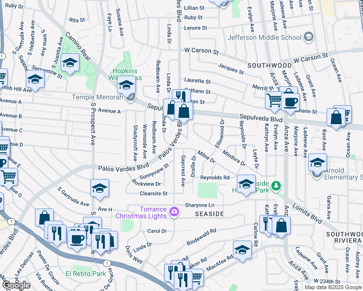 map of restaurants, bars, coffee shops, grocery stores, and more near 5209 Milne Drive in Torrance