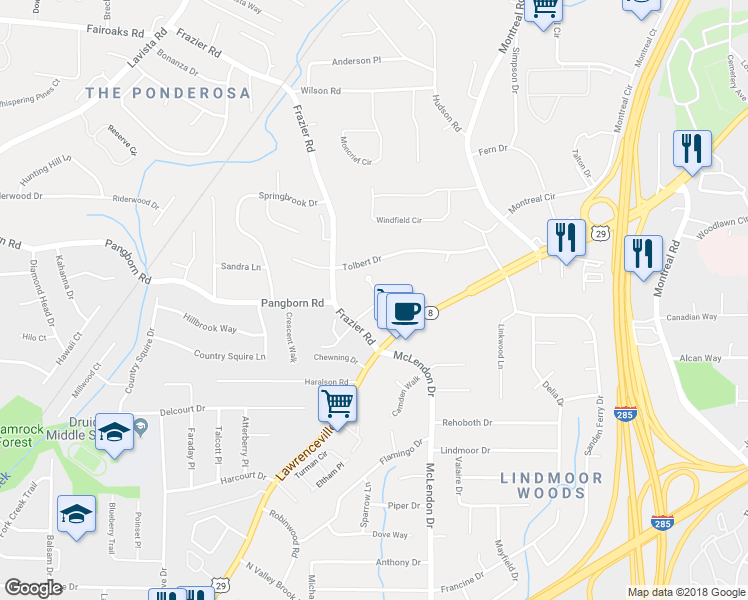 map of restaurants, bars, coffee shops, grocery stores, and more near 3086 Frazier Walk in Decatur