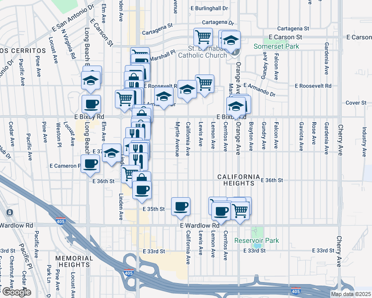 map of restaurants, bars, coffee shops, grocery stores, and more near 929 East 37th Street in Long Beach