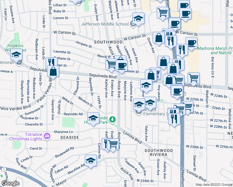 map of restaurants, bars, coffee shops, grocery stores, and more near 22503 Anza Avenue in Torrance