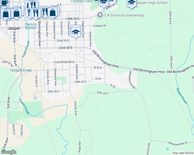 map of restaurants, bars, coffee shops, grocery stores, and more near 905 26th Street East in Jasper