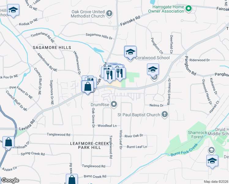 map of restaurants, bars, coffee shops, grocery stores, and more near 1482 Leafmore Pl in Decatur