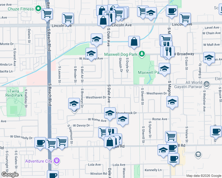 map of restaurants, bars, coffee shops, grocery stores, and more near 609 South Vicki Lane in Anaheim