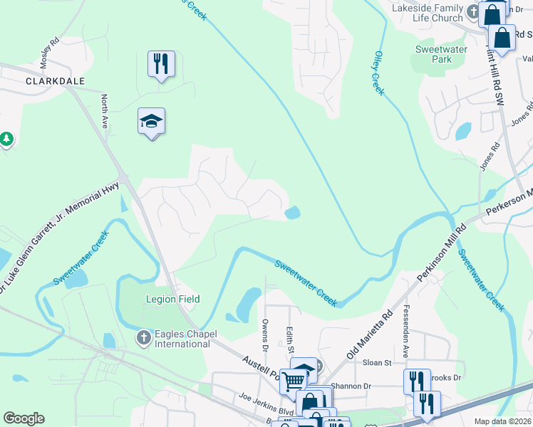 map of restaurants, bars, coffee shops, grocery stores, and more near 4010 Ethans Cove Drive in Austell