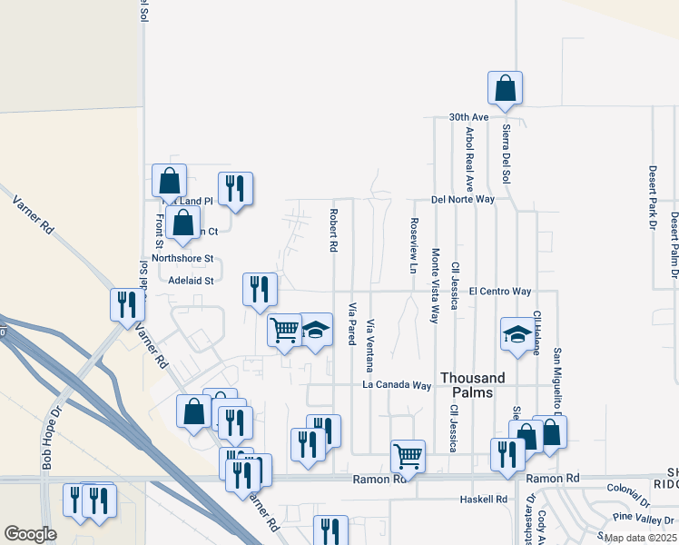map of restaurants, bars, coffee shops, grocery stores, and more near 30914 Robert Road in Thousand Palms