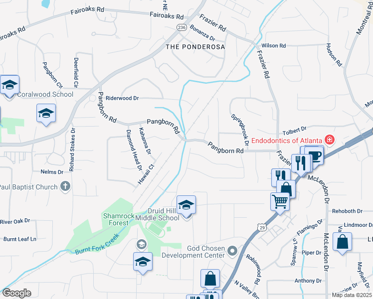 map of restaurants, bars, coffee shops, grocery stores, and more near 1496 Country Squire Drive in Decatur