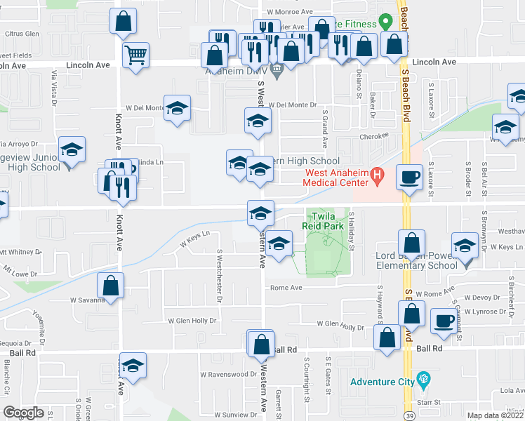 map of restaurants, bars, coffee shops, grocery stores, and more near 601 South Western Avenue in Anaheim