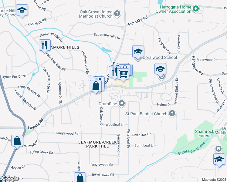 map of restaurants, bars, coffee shops, grocery stores, and more near 2459 Oak Grove Vista in Decatur