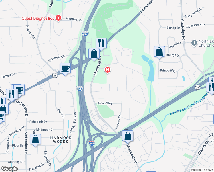map of restaurants, bars, coffee shops, grocery stores, and more near 1490 Winnipeg Trail in Tucker