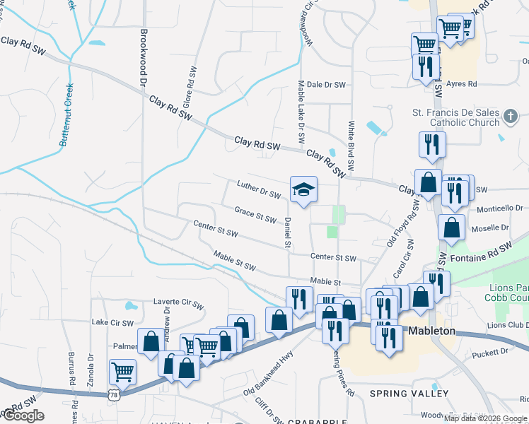 map of restaurants, bars, coffee shops, grocery stores, and more near 1101 Luther Drive Southwest in Mableton
