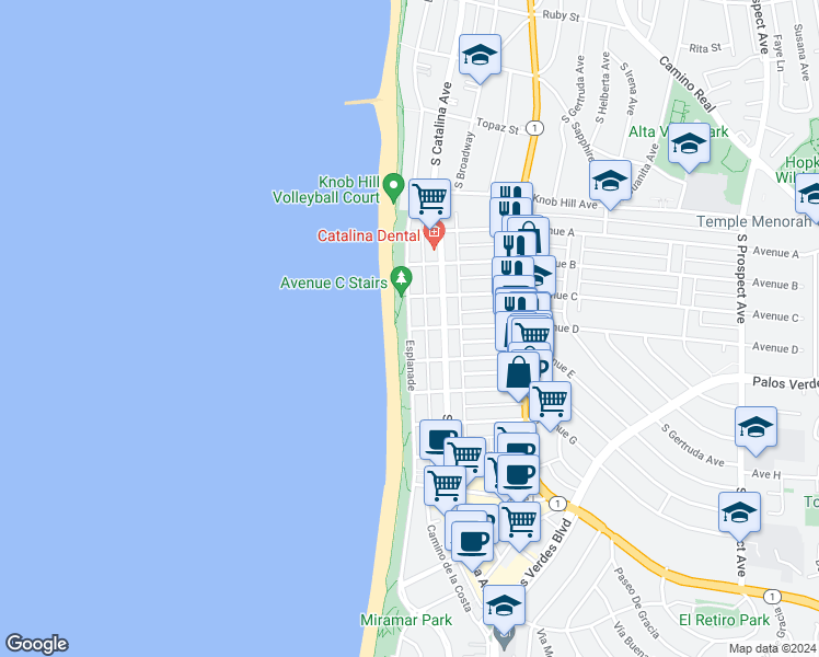map of restaurants, bars, coffee shops, grocery stores, and more near Esplanade & Avenue D in Redondo Beach