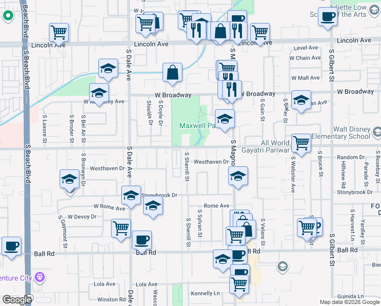 map of restaurants, bars, coffee shops, grocery stores, and more near 602 South Sherrill Street in Anaheim