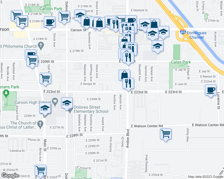 map of restaurants, bars, coffee shops, grocery stores, and more near 563 East 223rd Street in Carson