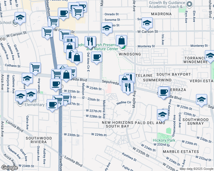 map of restaurants, bars, coffee shops, grocery stores, and more near in Torrance