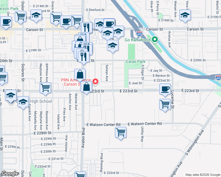 map of restaurants, bars, coffee shops, grocery stores, and more near 850 East Joel Street in Carson