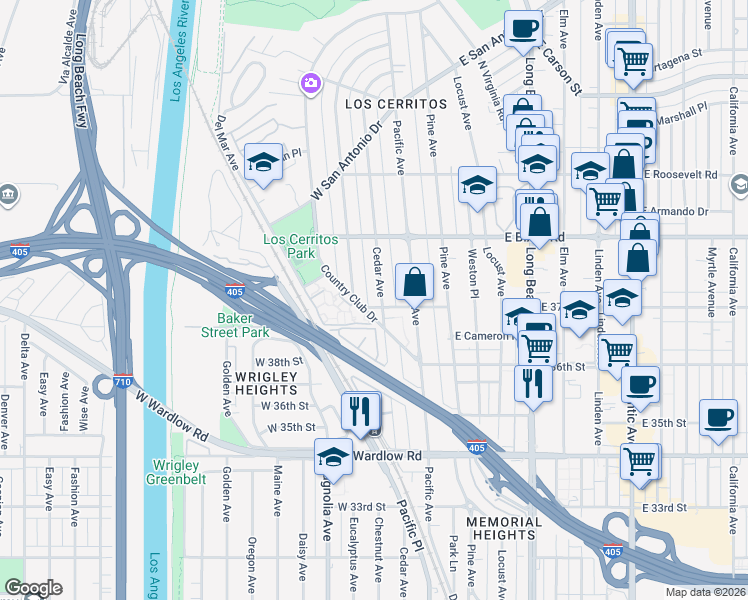 map of restaurants, bars, coffee shops, grocery stores, and more near 3707 Cedar Avenue in Long Beach