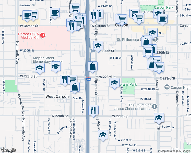 map of restaurants, bars, coffee shops, grocery stores, and more near Figueroa Street & West 223rd Street in Carson