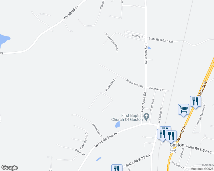 map of restaurants, bars, coffee shops, grocery stores, and more near 119 Anderson Drive in Gaston