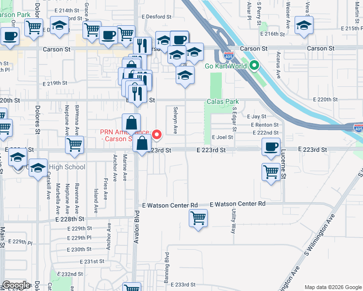 map of restaurants, bars, coffee shops, grocery stores, and more near 850 East Joel Street in Carson