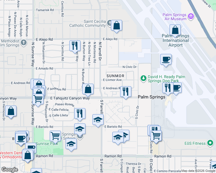 map of restaurants, bars, coffee shops, grocery stores, and more near 2705 East Livmor Avenue in Palm Springs